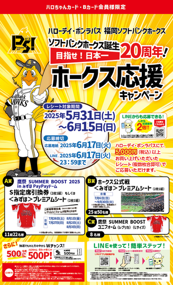 カード会員様限定！「ソフトバンクホークス誕生20周年！ホークス応援」キャンペーン